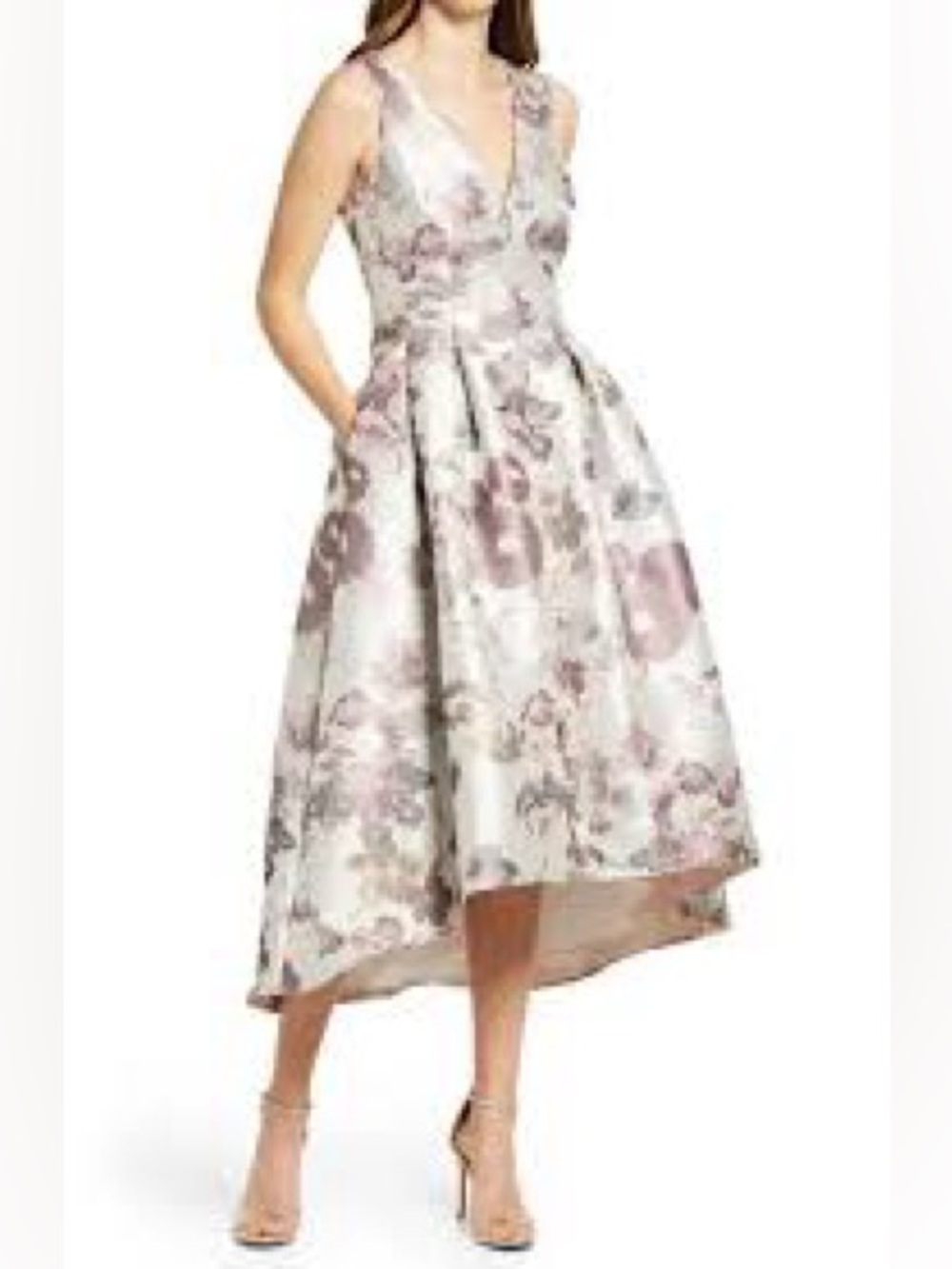 Eliza J Floral High-Low Satin Midi Dress Pink White 14